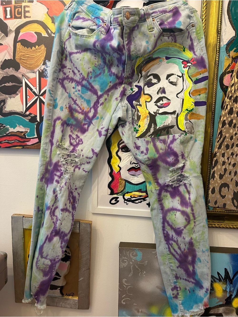 Hand-Painted Tie-Dye Jeans with Purple & Green hand printed Artwork